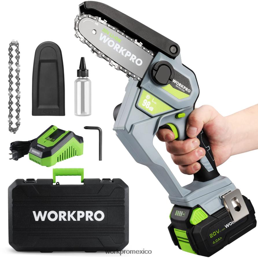 WORKPRO Motosierra compacta inalámbrica sin escobillas de 20v con batería de 4.0ah y cadena de repuesto moderno herramienta V82RH2298 WORKPRO Motosierra compacta inalámbrica sin escobillas de 20v con batería de 4.0ah y cadena de repuesto moderno herramienta V82RH2298