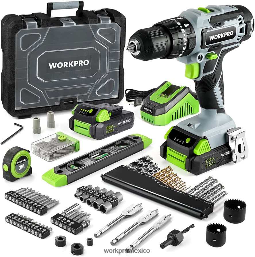 WORKPRO Juego de taladro inalámbrico de 20 V máximo, herramienta de taladro de impacto eléctrico con 102 piezas de accesorios, 2 baterías de iones de litio de 2,0 Ah con cargador rápido útil herramien WORKPRO Juego de taladro inalámbrico de 20 V máximo, herramienta de taladro de impacto eléctrico con 102 piezas de accesorios, 2 baterías de iones de litio de 2,0 Ah con cargador rápido útil herramien