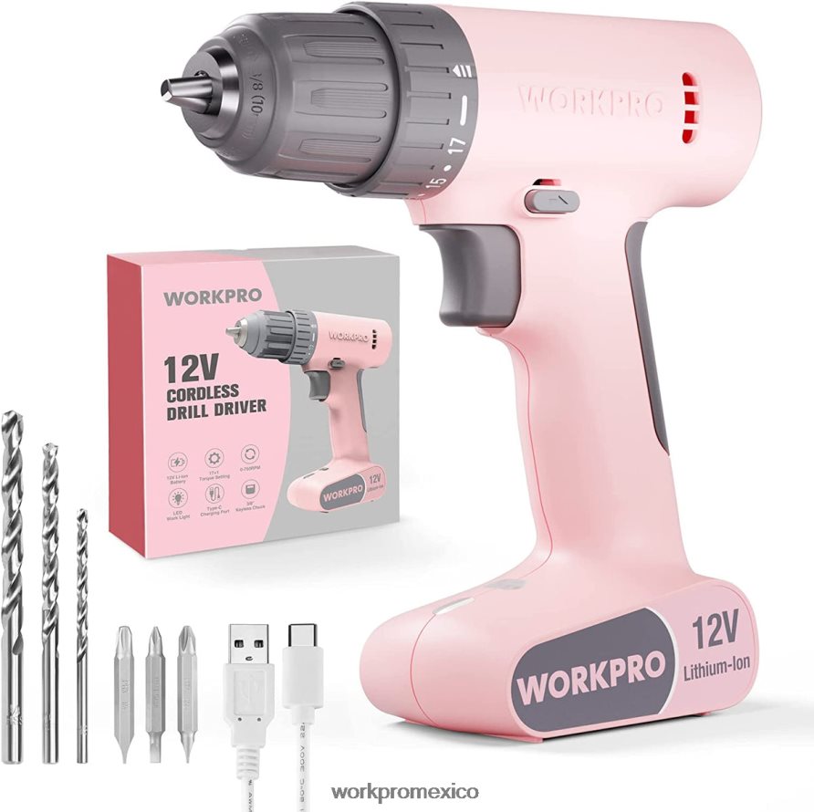 WORKPRO Juego de taladro y destornillador inalámbrico de 12 V con 6 puntas, portabrocas sin llave de 3/8 de pulgada, velocidad variable, configuración de 18 toques rosa/blanco herramienta V82RH2175 WORKPRO Juego de taladro y destornillador inalámbrico de 12 V con 6 puntas, portabrocas sin llave de 3/8 de pulgada, velocidad variable, configuración de 18 toques rosa/blanco herramienta V82RH2175
