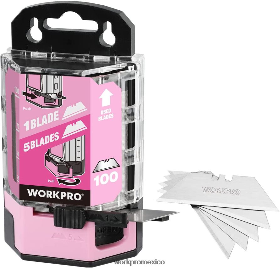 WORKPRO Reemplazo de cuchillas multiusos de acero al carbono sk5 de 100 piezas con dispensador Rosa rojo herramienta V82RH249 WORKPRO Reemplazo de cuchillas multiusos de acero al carbono sk5 de 100 piezas con dispensador Rosa rojo herramienta V82RH249