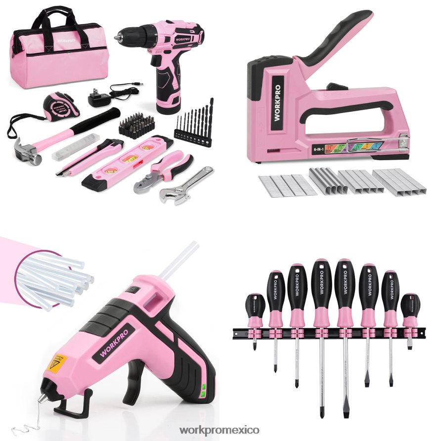 WORKPRO Juego de taladro inalámbrico de 12v, pistola grapadora 6 en 1, juego de destornilladores magnéticos de 8 piezas y pistola de pegamento termofusible inalámbrica rosa herramienta V82RH2313 WORKPRO Juego de taladro inalámbrico de 12v, pistola grapadora 6 en 1, juego de destornilladores magnéticos de 8 piezas y pistola de pegamento termofusible inalámbrica rosa herramienta V82RH2313