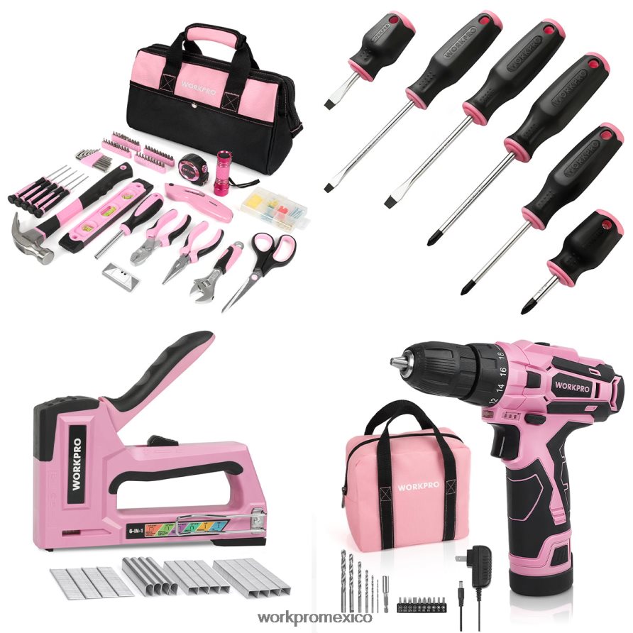 WORKPRO Kit de herramientas de 106 piezas y destornilladores magnéticos de 6 piezas y kit de taladro inalámbrico de 12 V y pistola grapadora 6 en 1 rosa herramienta V82RH2312 WORKPRO Kit de herramientas de 106 piezas y destornilladores magnéticos de 6 piezas y kit de taladro inalámbrico de 12 V y pistola grapadora 6 en 1 rosa herramienta V82RH2312