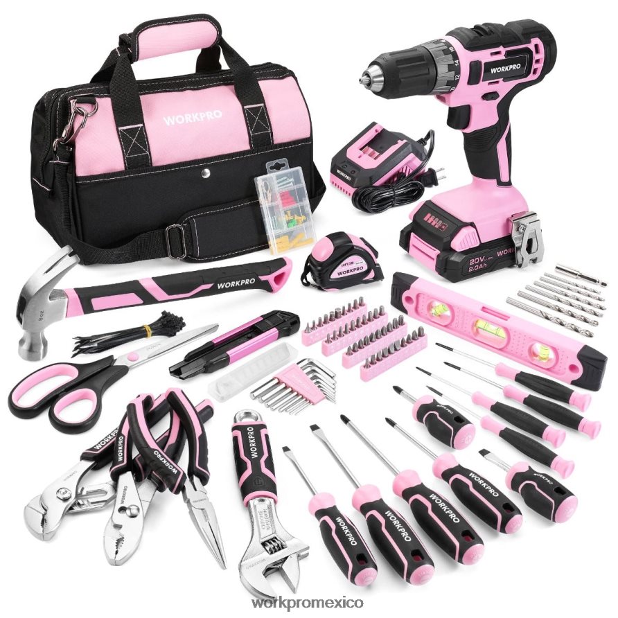 WORKPRO Kit combinado de taladro inalámbrico de 157 piezas con iones de litio inalámbricos de 20 V rosa/gris herramienta V82RH2259 WORKPRO Kit combinado de taladro inalámbrico de 157 piezas con iones de litio inalámbricos de 20 V rosa/gris herramienta V82RH2259